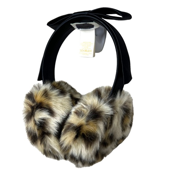 KATE SPADE Black Satin Bow Leopard Faux Fur Ear Muffs NEW - Picture 4 of 6